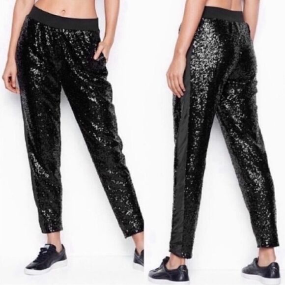 Victoria Secret Sport Pants Limited Edition Black Sequins Tuxedo Stripe Sz L - Picture 1 of 14